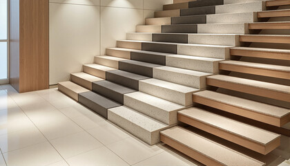 Obraz premium Modern staircase design in neutral tones for blogs, websites, architectural presentations, interior design showcases, renovation guides, and home improvement articles