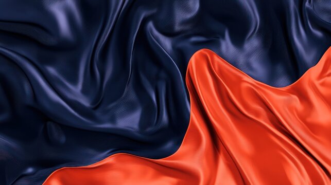 Elegant Wave of Dark Blue and Vibrant Orange Satin Fabric