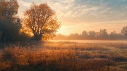 Fototapeta premium Golden sunrise over a misty field with blooming wildflowers and trees in a serene landscape. Generative AI