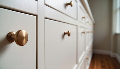 Obraz premium Close-up of brass cabinet handles on white drawers in a modern kitchen for blogs, websites, home decor projects, interior design, furniture stores, and renovation guidance