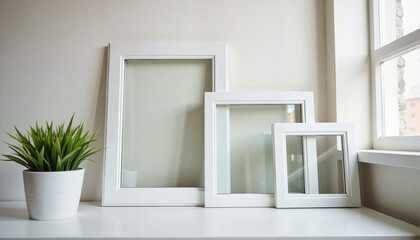 White photo frames arranged with a potted plant on a bright background for interior design blogs, websites, greeting cards, decor inspiration, and online art marketplaces.