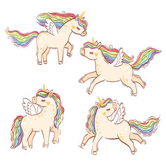 Rainbow unicorn. Set of hand drawn isolated horse unicorn isolated on white background. Bright illustration in lights colors for design children's room, clothing, nursery