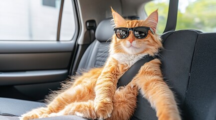 Cool cat wearing sunglasses and sitting in a car,while looking from the car window,pet travel concept