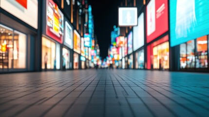 Obraz premium A vibrant, illuminated street scene at night featuring colorful storefronts and advertisements, inviting exploration and a lively atmosphere.