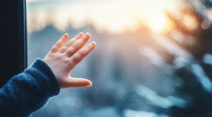 A small hand extends towards a warm sunset visible through a window, evoking feelings of curiosity and peace. The soft light creates a serene atmosphere