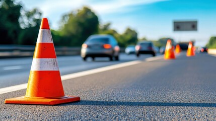 Traffic cones on a highway during roadwork.