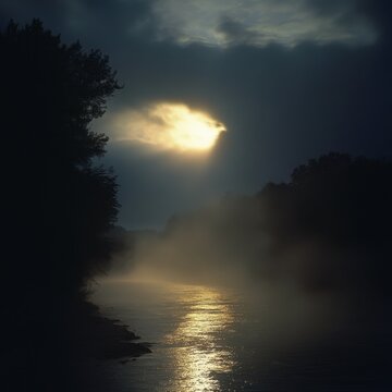 A glowing moonbeam cutting through misty clouds, illuminating a quiet river ar 16:9 v 6.1 q 2
