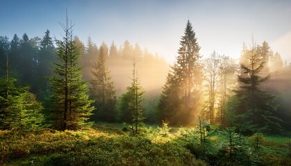 serene forest in morning mist with sunlit trees