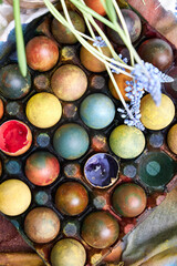 top view of a colored pallet with dyed Easter eggs with natural dyes
