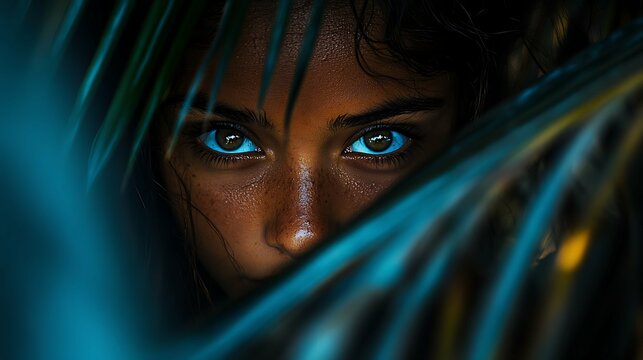 girl peeking out of palm fronds, portrait of a young woman in the dark