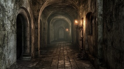 Obraz premium Dimly lit medieval hallway with stone walls, candle sconces, and an atmospheric vintage setting. Generative AI