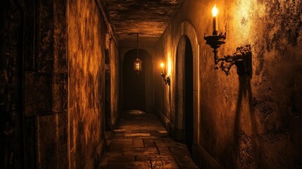 Fototapeta premium Dimly lit medieval hallway with stone walls, candle sconces, and an atmospheric vintage setting. Generative AI