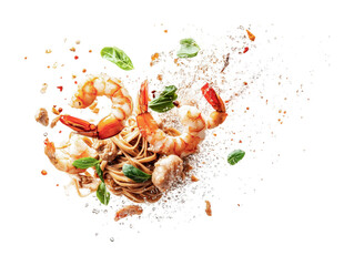 Delicious shrimp pasta on a white background with fresh basil and spices splashing in the air for a vibrant culinary presentation, cut out
