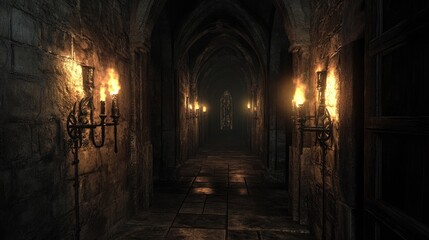 Dimly lit medieval hallway with stone walls, candle sconces, and an atmospheric vintage setting. Generative AI
