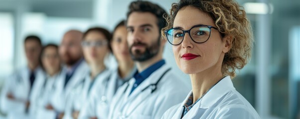 A diverse group of medical professionals stands confidently in a modern healthcare setting, showcasing teamwork and expertise in their field.