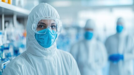 A healthcare professional in a lab coat and mask stands in a laboratory, surrounded by shelves of scientific equipment and colleagues in the background.