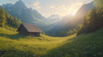 Small cabin in grassy field