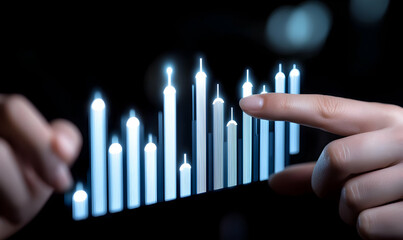 Digital Candlestick Chart with Hands Representing Financial Data