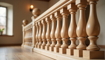 Fototapeta premium Elegant wooden railing design with warm tones for blogs, websites, interior design resources, educational materials, home improvement projects, and architecture presentations