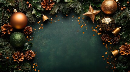 Sumptuous New Year scene Top view shot capturing opulent ornaments, glittering star decoration, jingle bells, and gold confetti arranged on green backdrop with space for text.