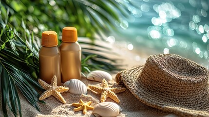 Sun protection on vacation concept Top view photo of beach towel, straw hat, sunscreen spray, sunglasses, marine shells, starfish on sand with copyspace.