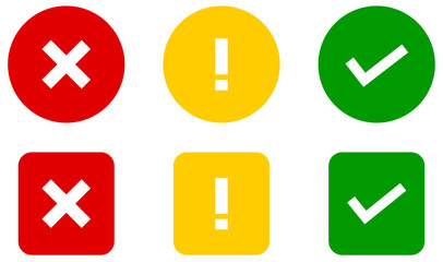 Obraz premium Set of flat round check mark, exclamation point, X mark icons, buttons isolated on a white background. Vector security web buttons. Check mark X cross and exclamation mark symbols in circles. Warning