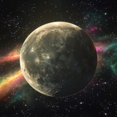 A deep-space view of the moon, surrounded by vibrant auroras and cosmic light waves ar 16:9 v 6.1 q 2