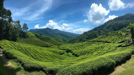Green Tea Plantation on Rolling Hills with Mountain Views and Blue Sky