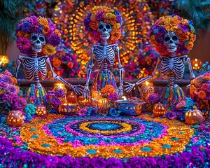 Vibrant and Joyful Dia de los Muertos Altar with Colorful Skeleton Sculptures