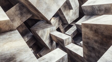 Abstract concrete maze with sharp edges and mist under soft evening light. Generative AI