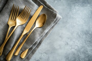 Golden Cutlery Set on Grey Napkin