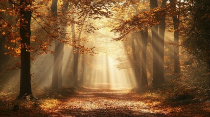 Obraz premium Golden sunlight streaming through tall trees in a dense autumn forest. Generative AI