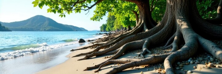 Ancient tree roots twisted on weathered stone shore, tranquility, serene