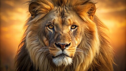 Fototapeta premium A close-up portrait of a lion's fierce face with a scowl and a sharp jawline, set against a warm golden light background, golden lighting, fierce gaze