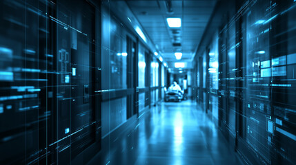 Obraz premium Futuristic Hospital Corridor with Digital Overlay