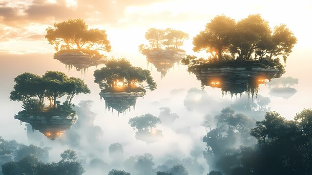 Floating Islands: A breathtaking fantasy landscape showcasing floating islands amidst a sea of clouds, illuminated by the soft light of the rising sun, creating a magical and otherworldly atmosphere.