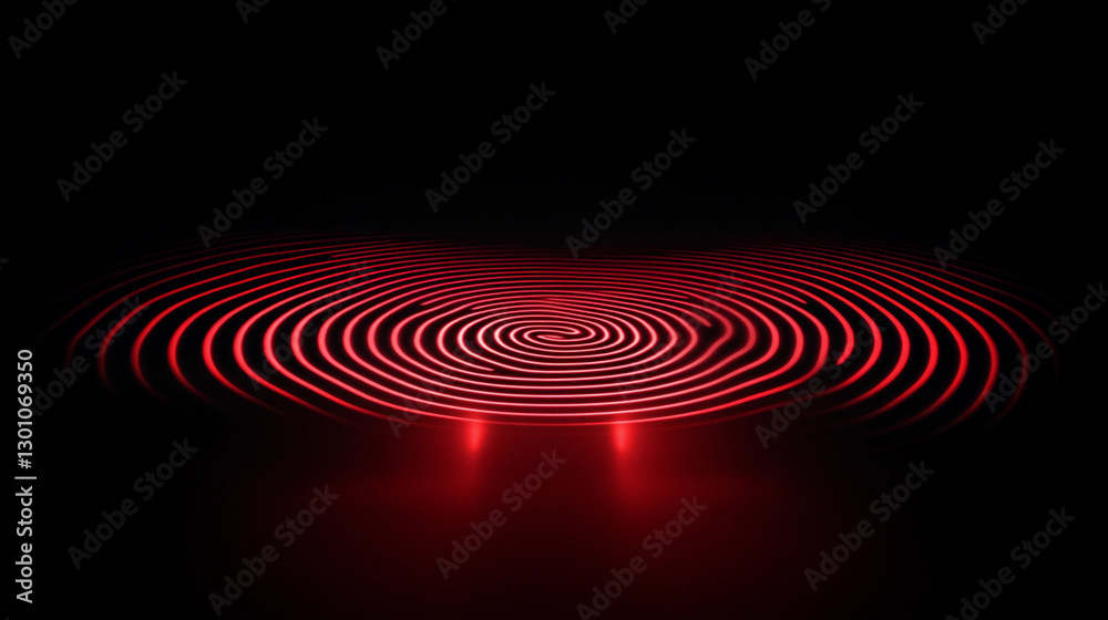 Poster mesmerizing digital spiral pattern glowing in red with concentric lines on a dark background creatin