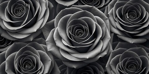 A beautiful pattern of black roses in various stages of bloom, arranged to create a soft, velvety visual with contrasting shades of grey, evoking a sense of elegance and mystery