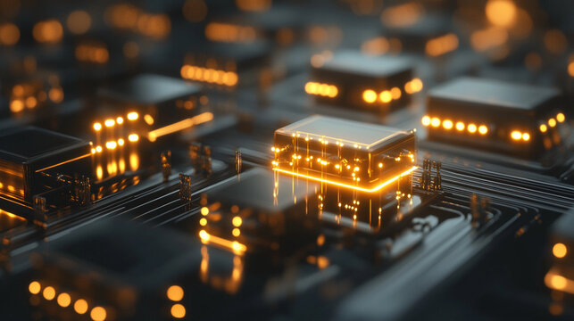 Exploration of quantum computing technology with complex circuitry and glowing components illuminated in a dark environment. Generative AI