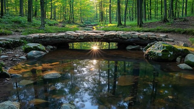Sunrise over stone bridge in forest stream