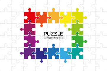 Puzzle infographics with 14 pieces. Jigsaw business chain infographic. Process diagram presentation. Vector illustration.