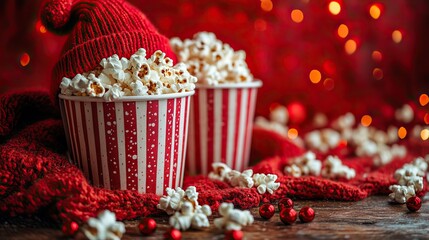 Table layout featuring striped popcorn boxes and elf's hat set against a red wall for movie promotions. New year film atmosphere.