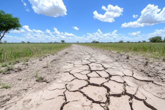 A parched riverbed with cracked mud, once a thriving source of water, now dried up