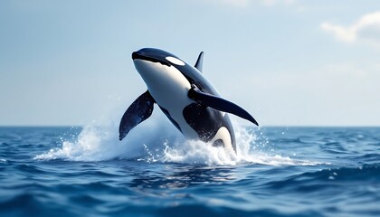 Majestic Orca Breaching Ocean Surface with Powerful Splash Under a Blue Sky