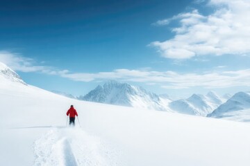 lone snowboarder carves through fresh powder on secluded mountain slope framed by crisp azure skies