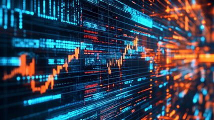 Fototapeta premium Dynamic digital stock market display showing real-time market data with fluctuating trends and vibrant colors representing trading activity during market hours. Generative AI