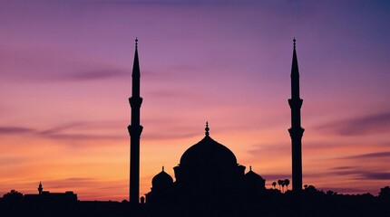 Fototapeta premium Mosque silhouette and crescent moon at sunset for Ramadan