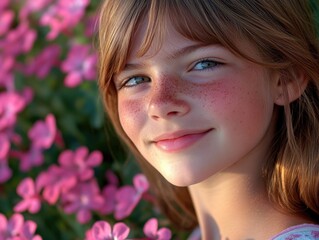 Fototapeta premium Girl with freckles and pink flowers