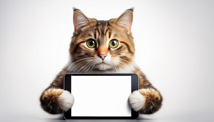 a cat is holding a tablet with a white screen