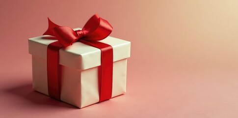 Fototapeta premium Gift box wrapped in red ribbon with a slight bow, wrapping paper, colored ribbon